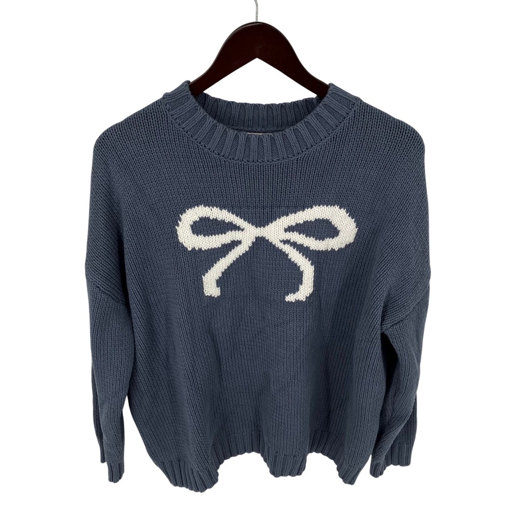 Blue Bow Intarsia Shaker Knit Sweater M Coquette Balletcore Cute Pastel Relaxed